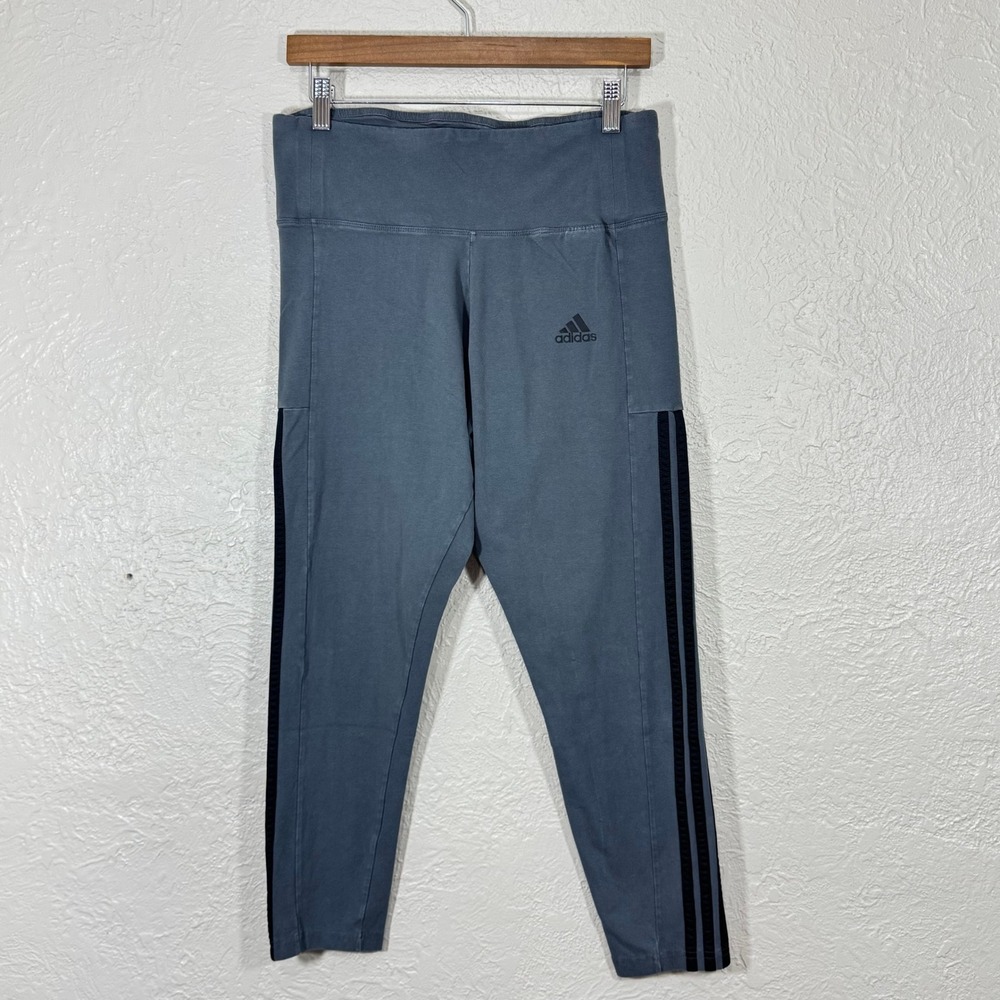 Adidas Leggings Large Gray Stripe High Rise Logo Cropped Cotton Lounge Y2K Gym‎
